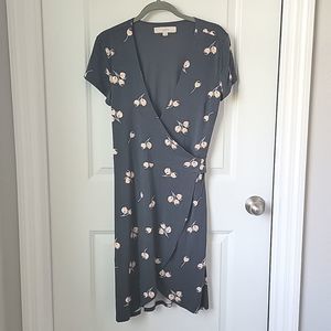 LOFT Gray with Cherries Short Sleeve Wrap Dress with Belt - Size 2